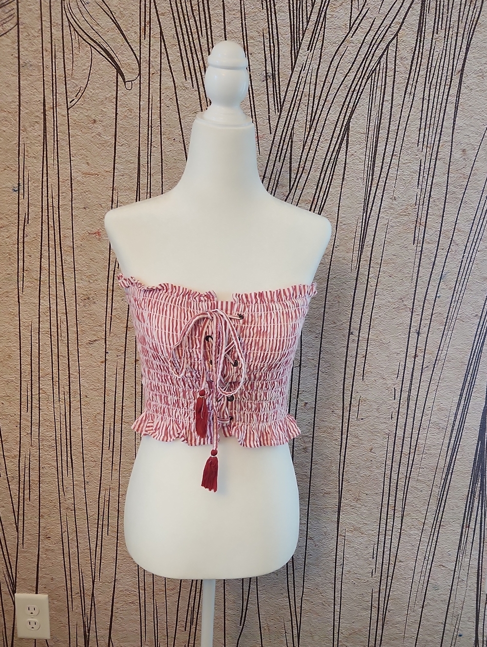 American Eagle Outfitters Red & White Striped Smocked Tube Top with Tassels